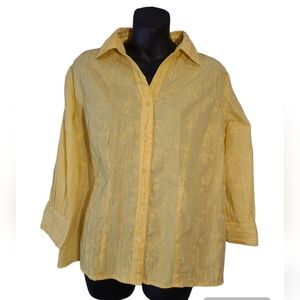 💲1️⃣ Laura Petites Yellow Embroidered Flowers Button-down 3/4 Slv Blouse Sz Sm